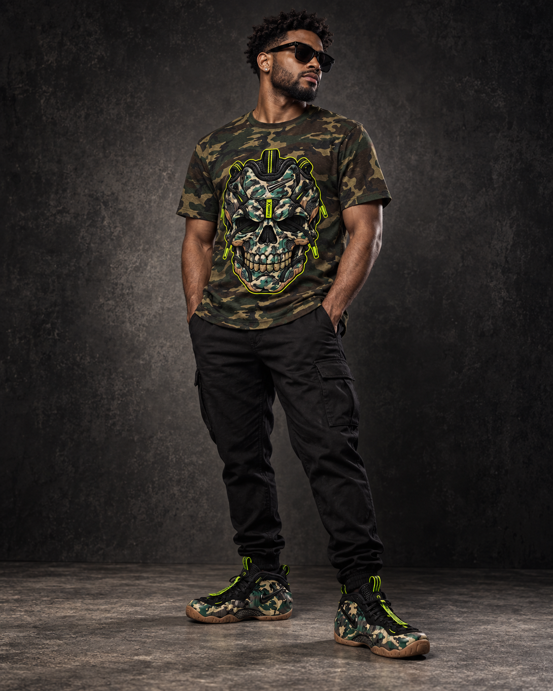 Man wearing a Cordunk camo skull shirt with Nike Foamposite Army Camo sneakers