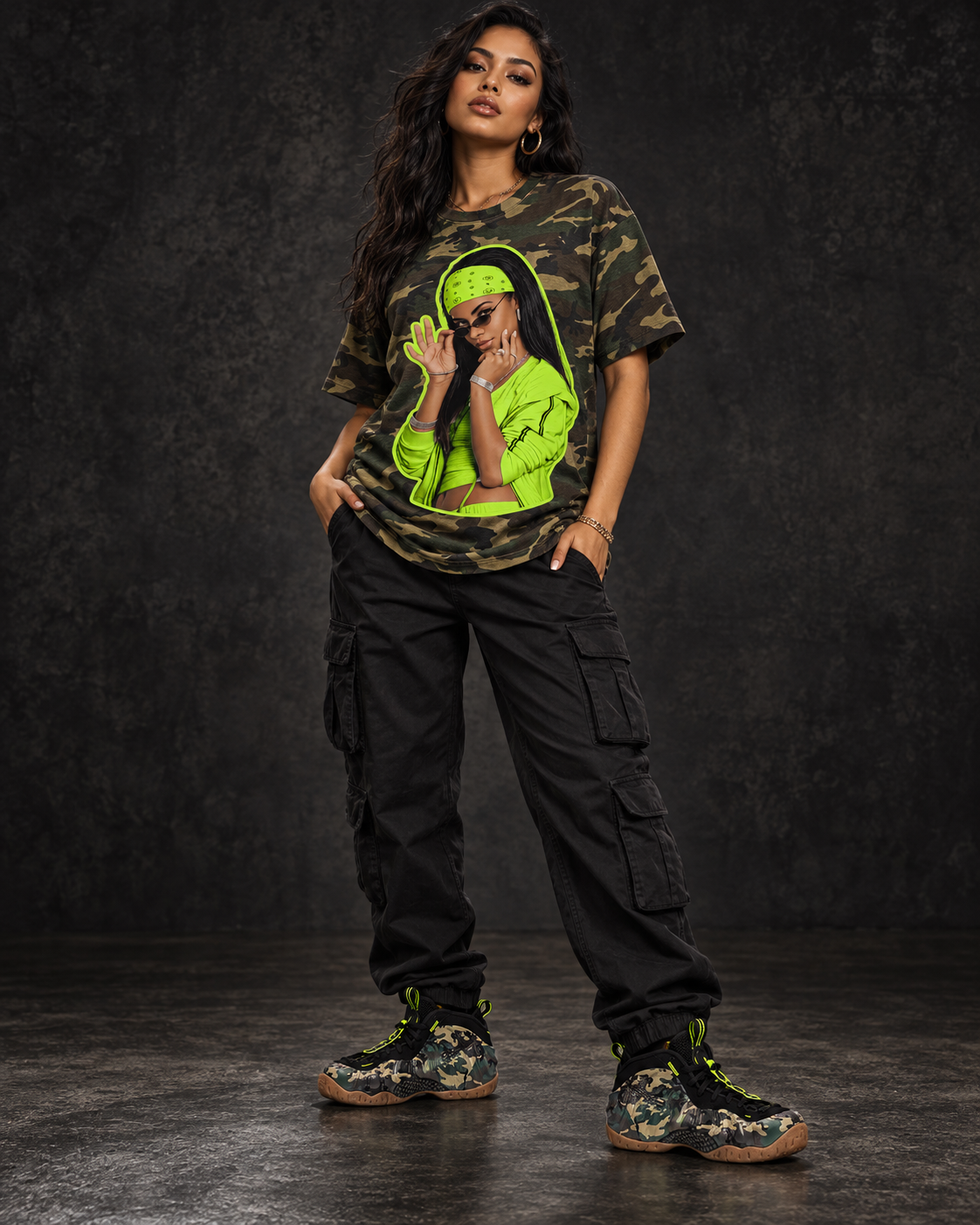 Woman wearing a Cordunk camo shirt with Nike Foamposite Army Camo sneakers