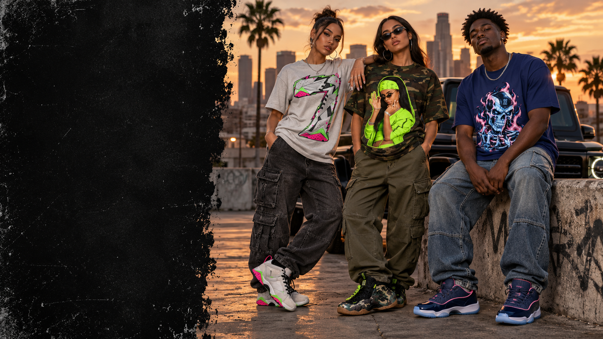 Three models wearing Cordunk sneaker-matching shirts at sunset